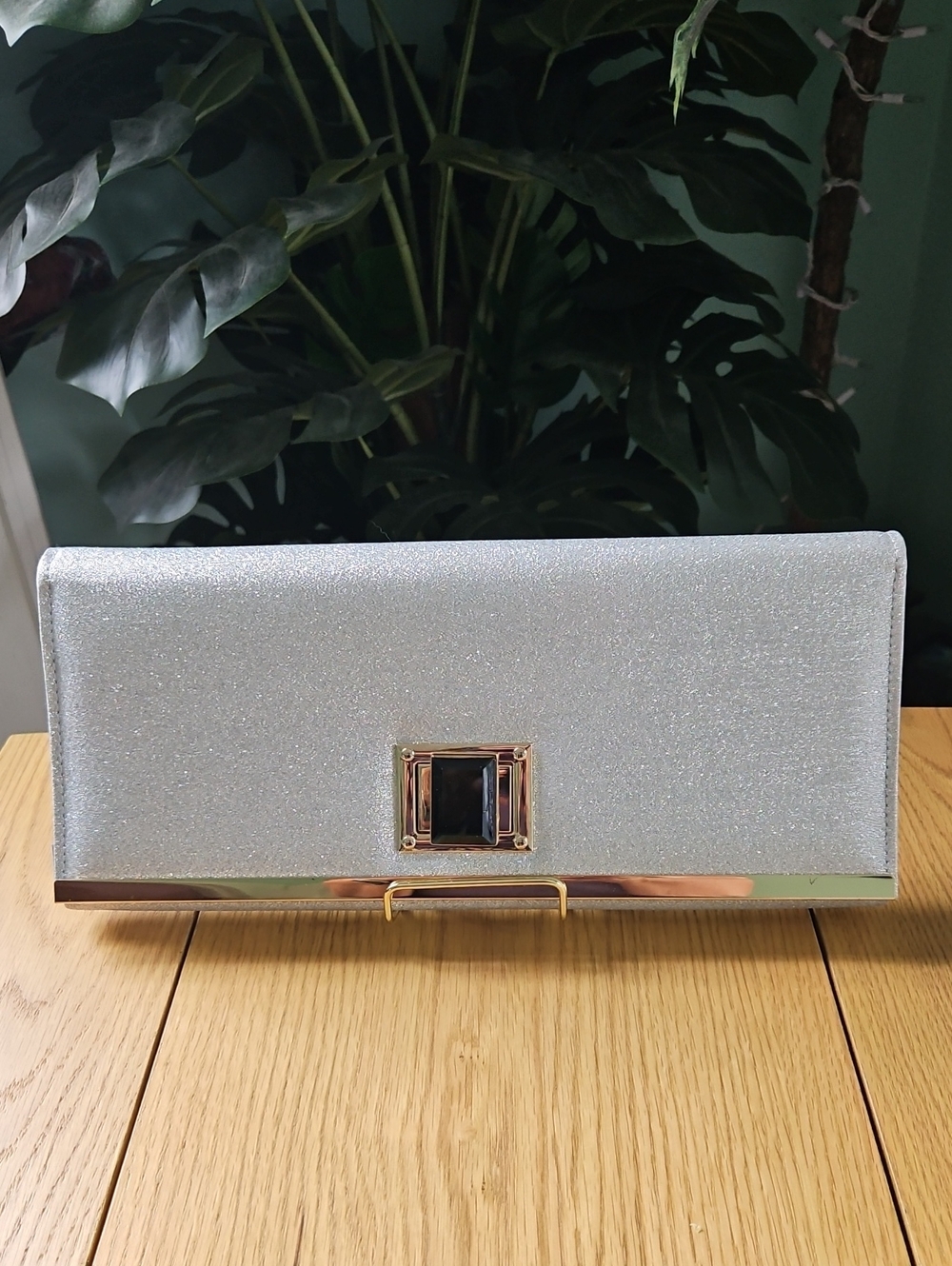 NWT Silver Glitter Evening Clutch with Gold Trim and Turn-lock.